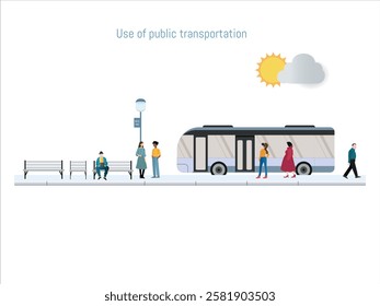 Illustration of people using public transportation in a city, promoting sustainable mobility and pollution reduction.