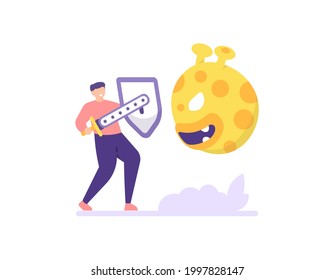 illustration of people using shields and swords to fight viruses or monsters. the concept of antivirus, antimalware, protection of important data information and passwords. flat cartoon style. vector 