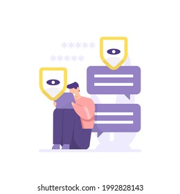 illustration of people using tablet for chatting. shield and anti spy. information protection icon concept, safe chat, chat privacy. security technology. flat cartoon style. vector design