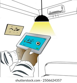 Illustration of People using touch-screen thermostats, light dimmers, and other smart home devices. Vector illustration 