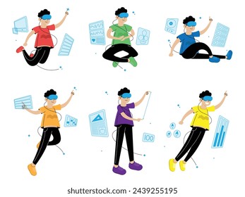 Illustration der Menschen mit VR, Virtual-Reality-Technologie Vektor-Design, flaches Design futuristisches Thema mit Hologramm-Bildschirm