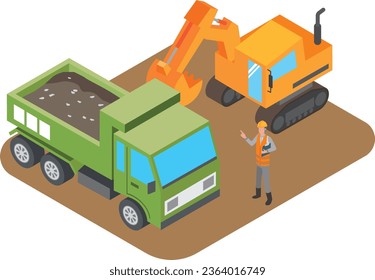 Illustration von Personen und Fahrzeugen, die auf einer Baustelle arbeiten