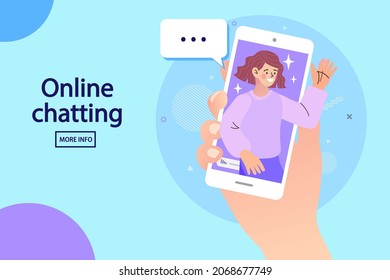 illustration of people at video conference on smartphone. Female teenager holding a smartphone and chatting with friends. Woman having video call meeting with clients at home. Vector