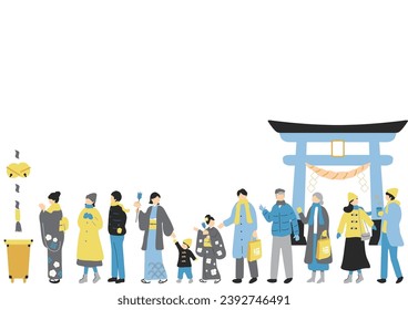 Illustration von Menschen, die in Line auf Hatsumode warten (Erster Schrein-Besuch) in Japan