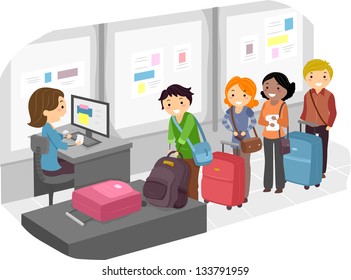 Illustration Of People Waiting In Long Line For Luggage Check-In At The Airport