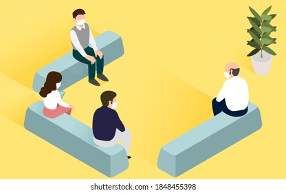Illustration of people waiting in the waiting room of a hospital isometric