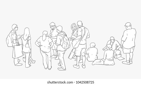 Illustration Of People Waiting Standing Sitting In Line