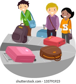 Illustration Of People Waiting For Their Baggage On The Airport Luggage Carousel