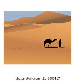 illustration of people walking in the desert with camels silhouette flat icon vector