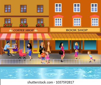 illustration of people walking downtown by the riverside