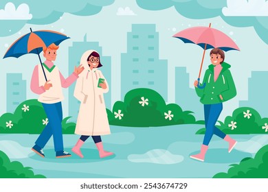 Illustration of people walking in a park with umbrellas on a rainy day.