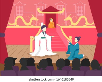 Illustration of People Watching a Chinese Play on Stage in Theater with the Actors Wearing Hanfu