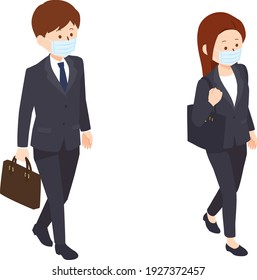 Illustration of people wearing face mask and going to work