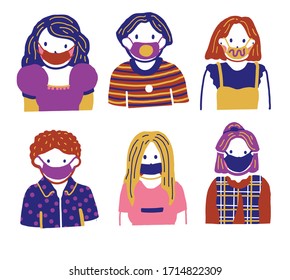 illustration of people wearing masks. Plat vector illustration.