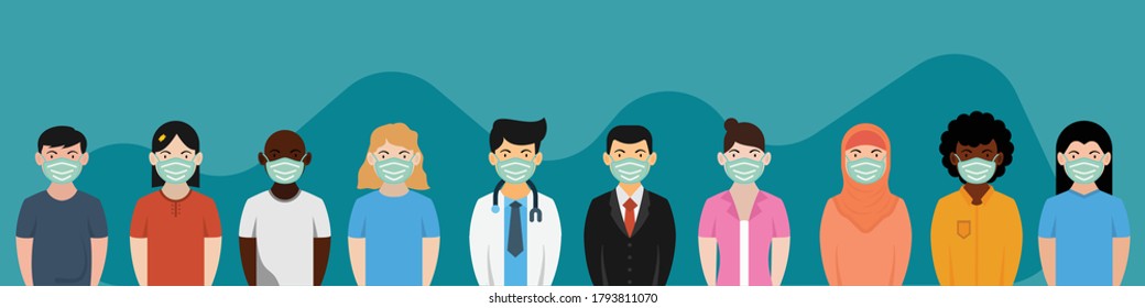 illustration of people wearing medical masks in anticipation of contracting a disease, flat illustration of a person modern design