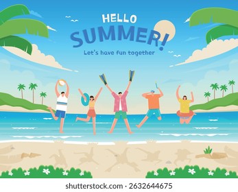 Illustration of people who are excited in front of the cool sea
