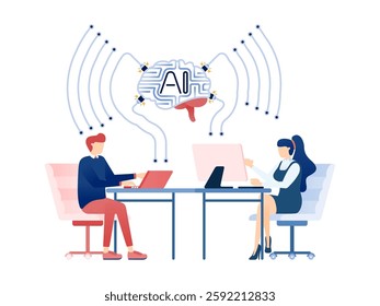 Illustration of People Working at Desks, Connected to an AI-Driven Internet Network, Streamlining Workflow Efficiency and Enhancing Ease of Work in Modern Offices.