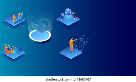 Ilustración de personas que trabajan en diferentes proyectos con datos de análisis a través de vasos VR para el diseño isométrico basado en concepto de co-trabajo virtual.