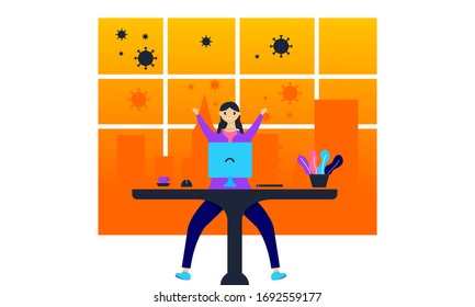 Illustration of people working at home because corona virus is suitable for web banners, posters, flyers, warnings, social media posts etc.