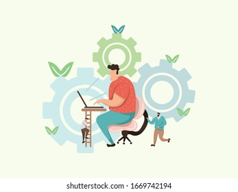 Illustration of people working with laptops, can be SEO, website builder, website design, designer.