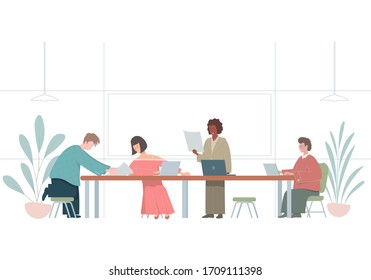 Illustration with people working in office. Flat coworkers characters.