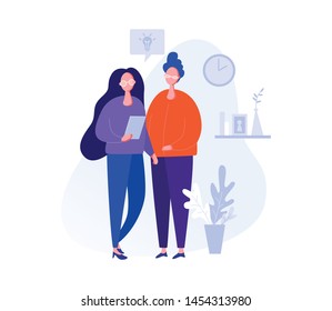 Illustration with people working in the office, making a presentation, negotiating and discussing business issues, developing ideas. Flat cartoon vector banners.