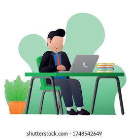 illustration of people working at a table using a laptop personal computer PC Notebook and there are books on the table and potted plants in the room