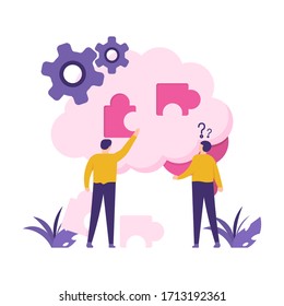 illustration of people working together installing puzzle pieces in a brain. the concept of teamwork, helping one another, training team cohesiveness. flat design. can be used for elements