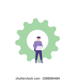 illustration of people working using laptop and sitting on gear. the concept of progress, improvement, system maintenance. flat cartoon style. vector design