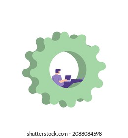 Illustration von Leuten, die mit Laptop arbeiten und mit Geräten sitzen. das Konzept des Fortschritts, der Verbesserung, der Systemwartung. flacher Cartoon-Stil. Vektordesign