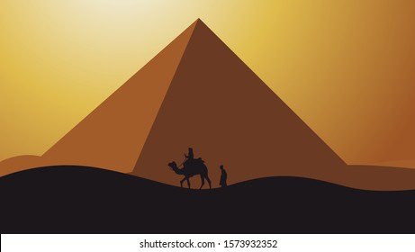 The Illustration of Peoples in Desert with Pyramid Giza Background