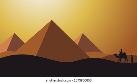 The Illustration of Peoples in Desert with Pyramids Background