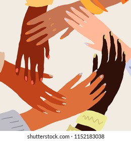 Illustration of a people's hands with different skin color together holding each other. Race equality, feminism, tolerance art in minimal style.