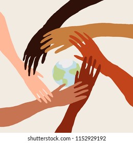 Illustration Of A People's Hands With Different Skin Color Together Holding Each Other. Race Equality, Feminism, Tolerance Art In Minimal Style.