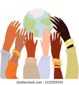 Illustration of a people's hands with different skin color together holding each other. Race equality, feminism, tolerance art in minimal style.