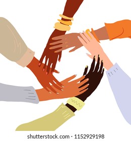 Illustration of a people's hands with different skin color together holding each other. Race equality, feminism, tolerance art in minimal style.