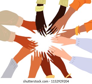 Illustration of a people's hands with different skin color together holding each other. Race equality, feminism, tolerance art in minimal style.