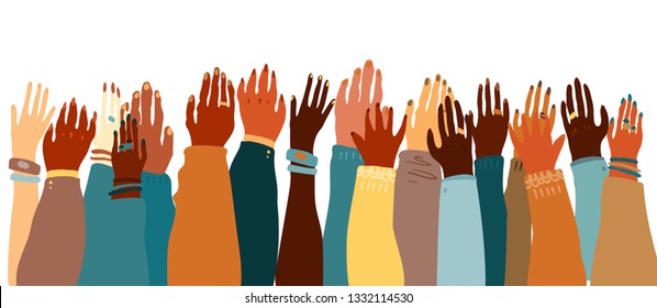 Illustration of a people's hands with different skin color together facing up. Race equality, feminism, tolerance art in minimal style.