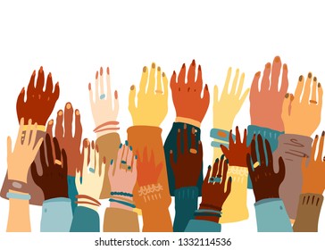 Illustration of a people's hands with different skin color together facing up. Race equality, feminism, tolerance art in minimal style.