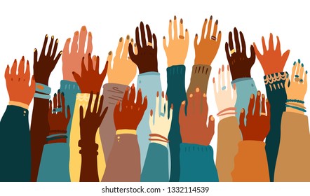 Illustration of a people's hands with different skin color together facing up. Race equality, feminism, tolerance art in minimal style.