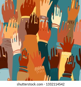 Illustration of a people's hands with different skin color together. Race equality, feminism, tolerance art in minimal style. Seamless tile pattern.