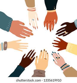 Illustration of a people's hands with different skin color together holding each other. Race equality, feminism, tolerance art in minimal style.