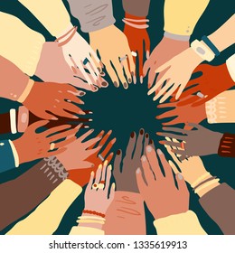 Illustration of a people's hands with different skin color together holding each other. Race equality, feminism, tolerance art in minimal style.