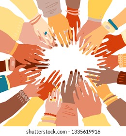 Illustration of a people's hands with different skin color together holding each other. Race equality, feminism, tolerance art in minimal style.