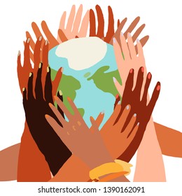 Illustration of a people's hands with different skin color together holding planet earth. Race equality, feminism, tolerance, climate change, ecology, global warming concept art in minimal style.