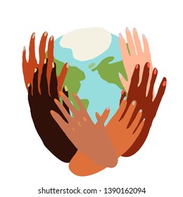 Illustration Of A People's Hands With Different Skin Color Together Holding Planet Earth. Race Equality, Feminism, Tolerance, Climate Change, Ecology, Global Warming Concept Art In Minimal Style.