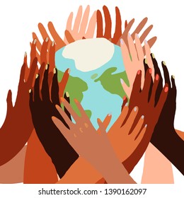 Illustration of a people's hands with different skin color together holding planet earth. Race equality, feminism, tolerance, climate change, ecology, global warming concept art in minimal style.