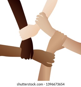 Illustration of a people's hands with different skin color together holding each other. Race equality, tolerance art in minimal style.