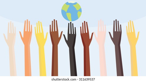 Illustration of a people's hands with different skin color together. Race equality, diversity, tolerance illustration.