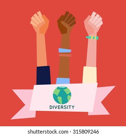 Illustration of a people's hands with different skin color together. Race equality, diversity, tolerance illustration. Flat design style.